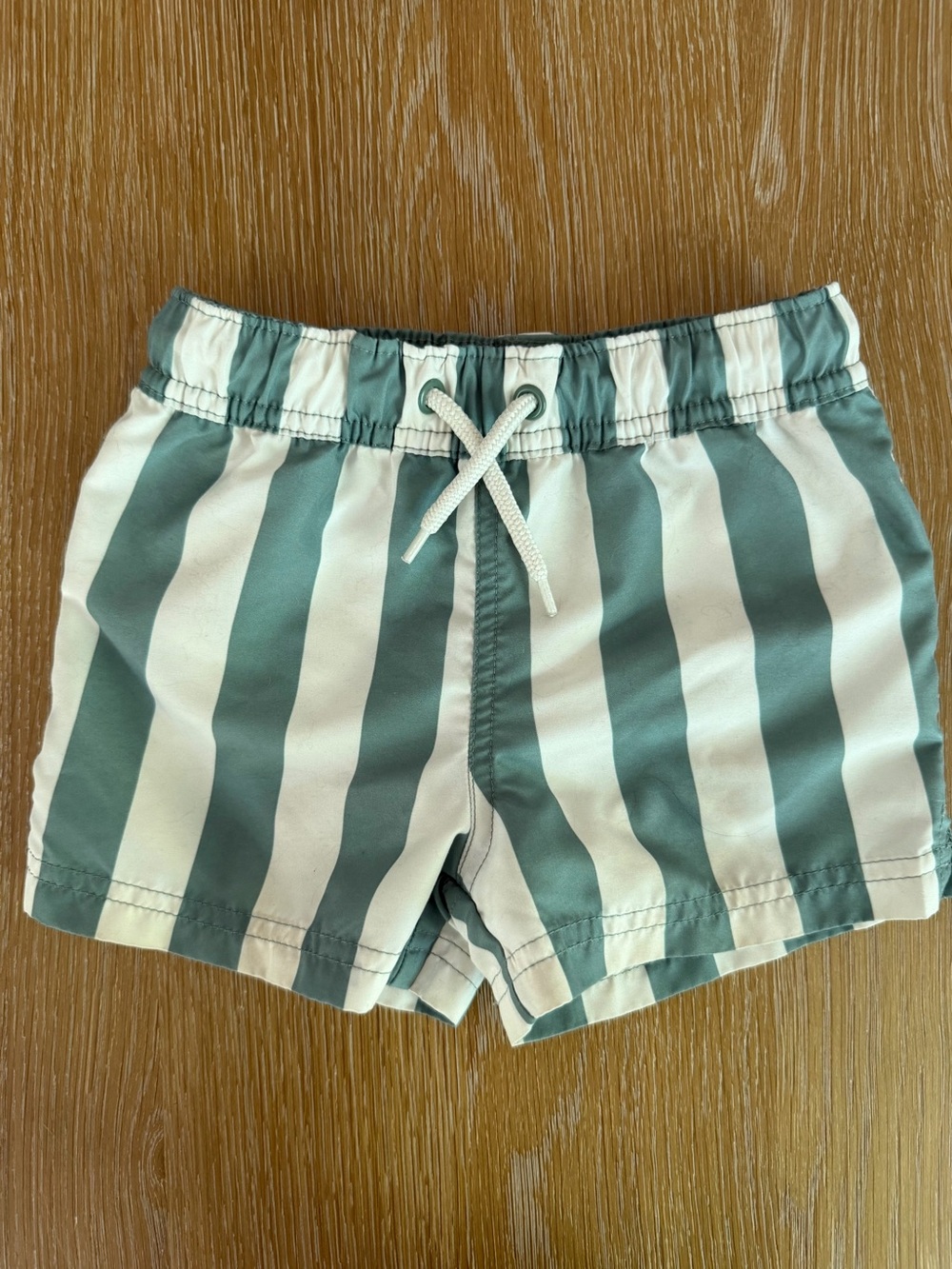 Kids Green and White Striped Swim Trunks
